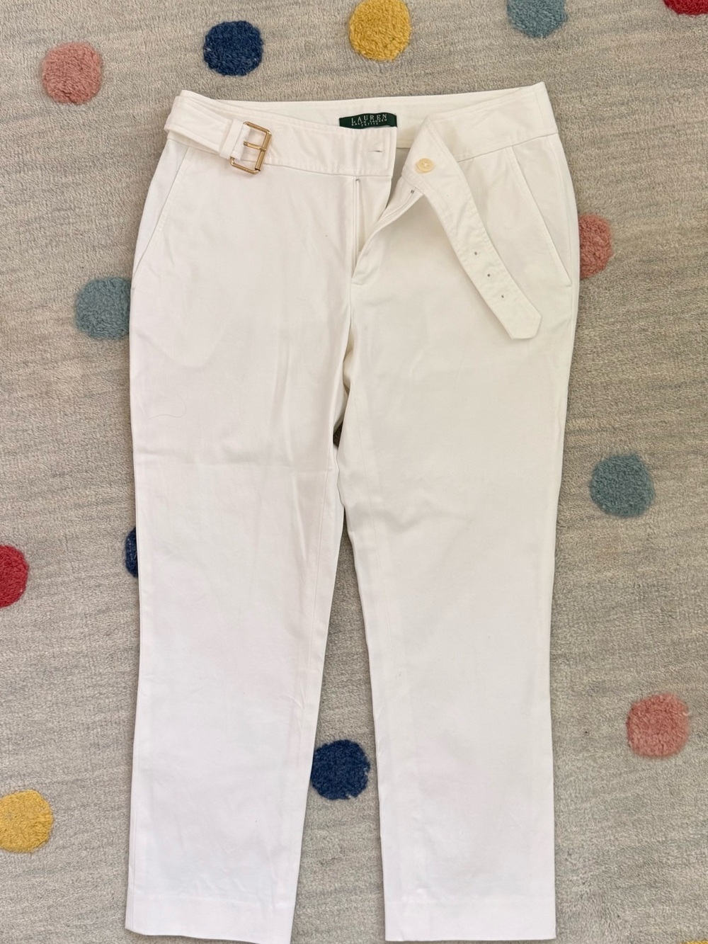 Ralph Lauren White Cotton Belted Trousers with Gold Buckle